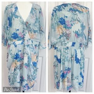 City Chic Light Blue Floral Fairy Sheer Flowy Sleeve Faux Wrap Dress 20
